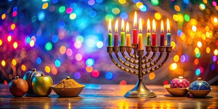Traditional Jewish holiday celebration with vibrant and colorful background, candles, dreidel