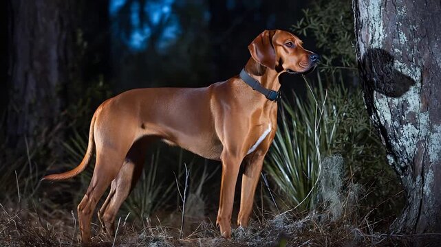 Majestic Rhodesian Ridgeback dog standing alert in a dark forest at night.
