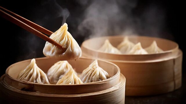 Delicious Asian cuisine steaming hot dumplings being served fresh from traditional bamboo steamers.