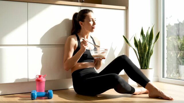 Fit young woman in sportswear eating healthy meal after workout with dumbbell and shaker nearby, concept for fitness blog header, nutrition plan guide and active lifestyle promotion