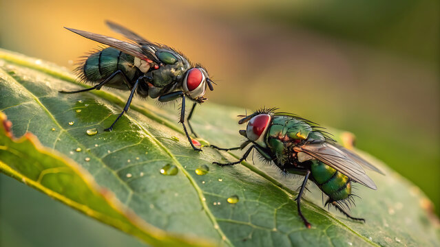 Green iridescent flies resting on wet leaf with water droplets macro photography