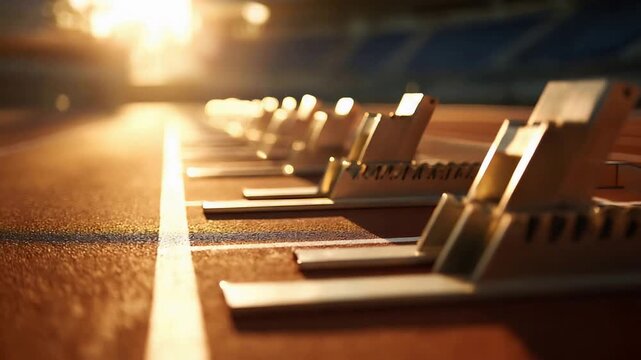 Dramatic morning sun shines on athletic starting blocks awaiting competitive runners on track.