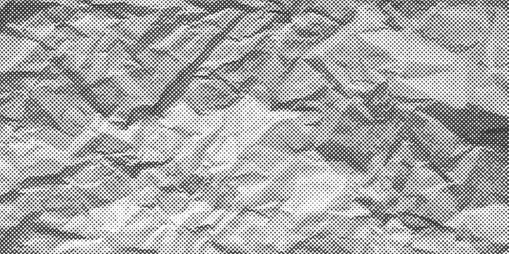 Grunge Halftone paper effect. Halftone crumpled paper texture with black a dotted, rough, and wrinkled surface. Wrinkled white paper in halftone collage style. Vector background