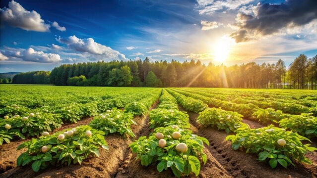 Fresh potatoes growing in a lush green field with tall trees and a sunny sky on a warm summer day, landscape