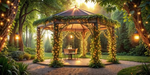 Obraz premium A tranquil garden gazebo with a canopy of leaves and vines, adorned with soft glowing string lights that add a touch of magic to the daytime scene, gentle glow, canopy