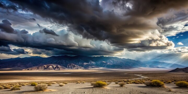 Ominous dark clouds gathering over the vast expanse of Death Valley National Park, casting a foreboding shadow on the landscape , desert storm, desert landscape