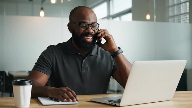 Focused Black businessman on a phone call using a laptop at his desk with coffee, concept for remote work strategy, business communication and modern office lifestyle