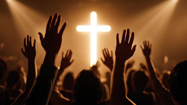 Silhouettes of Worshippers Raising Hands in Church with Glowing Cross and Dramatic Lighting