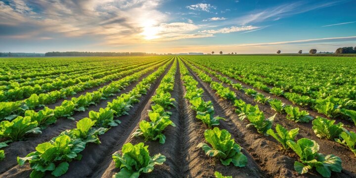 A large field with rows of sugar beet roots growing in a cultivated area under sunny weather, crops, agriculture
