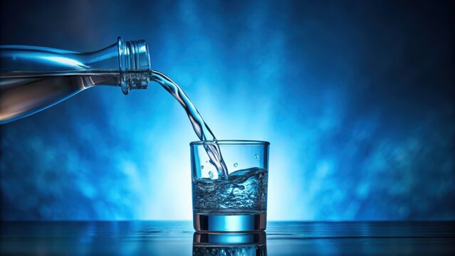 Gentle water flow pouring from a bottle into a glass on a soothing blue background, creating a peaceful and calming atmosphere , blue background, beverage