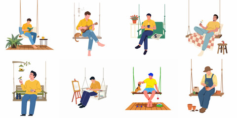 Fototapeta premium Men enjoying various relaxing hobbies on porch swings: reading, music, birdwatching, drawing, gardening, and pet time, illustrating leisure and well-being.