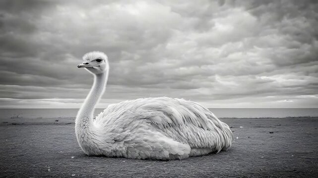 Elegant White Ostrich Rests Peacefully on a Moody Beach Under Overcast Skies.