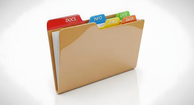 Organized file folder with labeled tabs for business documents and data