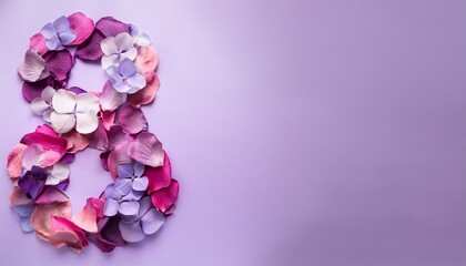 Fototapeta premium Women's day concept. Many lilac and pink petals number 8 on pale lilac background with copy space