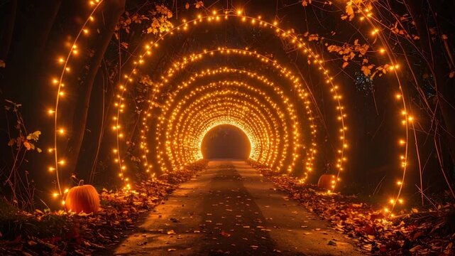 A tunnel of warm lights arches over a road, with pumpkins and foliage in a night scene