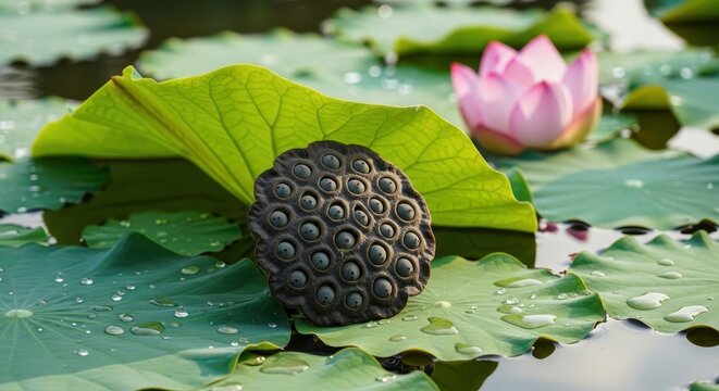 Lotus Seed Head and Flower on Lily Pads in Pond.
