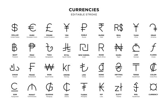 Set of world currency symbols with editable stroke