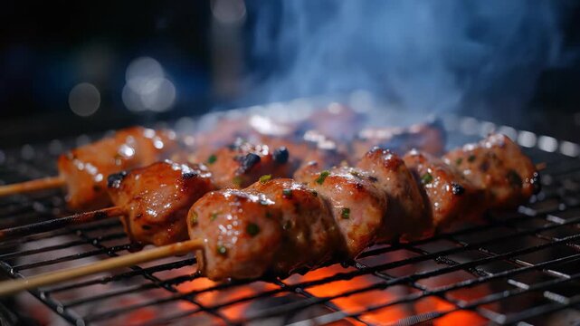 Close-up of glazed meat skewers grilling over hot coals with visible smoke, concept for restaurant menu design, food blog photography and outdoor barbecue promotion