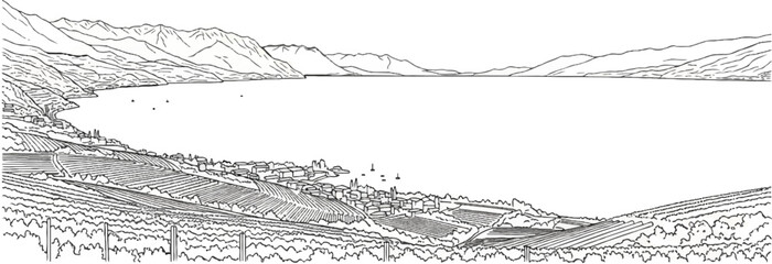 Obraz premium Mountainous terrain meets a vast lake with terraced vineyards and a village