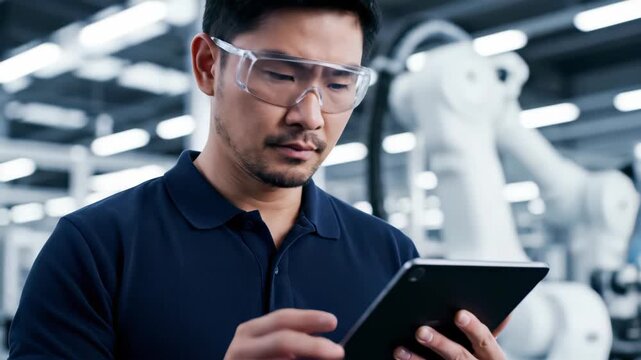Asian factory floor engineer wearing safety glasses uses digital tablet near robotic arm, concept for industrial automation reporting, manufacturing quality control and smart factory maintenance