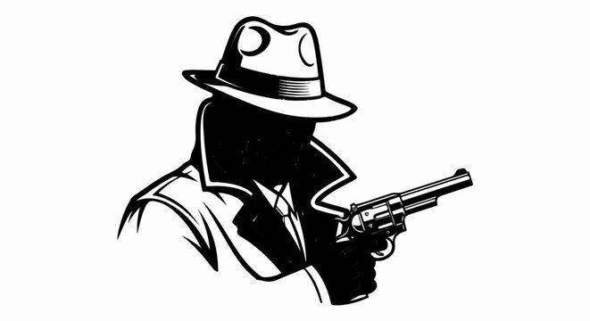 Mysterious detective in fedora and trench coat holds revolver