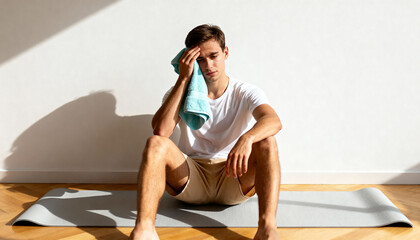 Fototapeta premium Tired man wiping sweat with a towel while resting on an exercise mat after a workout. Exhausted athlete taking a break from fitness training. Healthy lifestyle concept with copy space