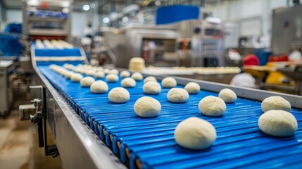 Fototapeta premium Automated Food Production Line with Dough Balls on Conveyor Belt
