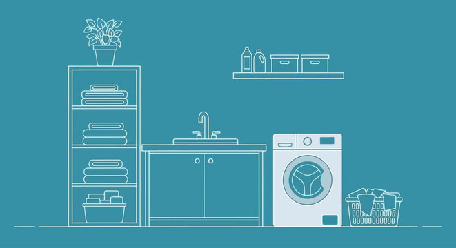 Laundry room interior illustration with washing machine, cabinet, sink, and laundry basket viewed from the front
