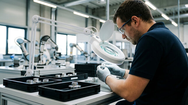 Quality control inspector examining precision metal components with magnifying lamp in advanced manufacturing facility with robotic arms
