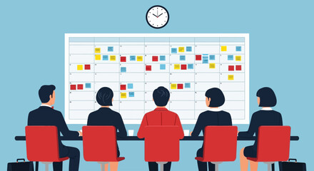 Obraz premium Team Collaboration and Planning Session in a Modern Office Setting with a Large Whiteboard and Clock