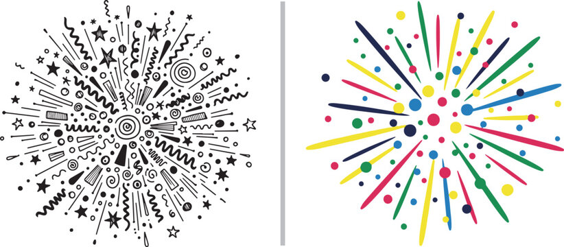 A split vector featuring a detailed black-and-white firework burst with streamers and stars next to a vibrant radial explosion of colorful dots and sharp multicolored rays.