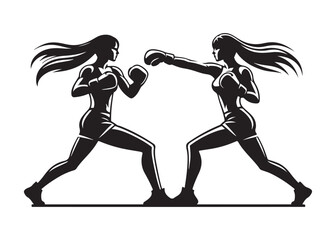 Obraz premium two woman boxer logo silhouette vector, woman in boxing gloves silhouette vector illustration, boxing woman logo silhouette, powerful female boxer logo vector silhouette on white background