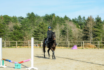Portrait of a beautiful rider performing cross-walks with her horse