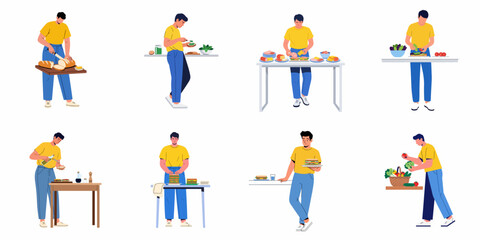 Fototapeta premium Man Preparing Sandwiches and Meals: A Step-by-Step Culinary Journey, showcasing healthy ingredients and home cooking processes.