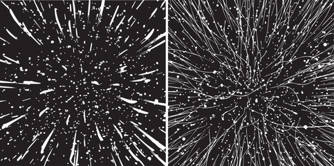 High-contrast vector textures featuring white particles and radiating speed lines on a black background. Perfect for creating hyper-speed space travel effects or abstract energy fields. © Muhammad