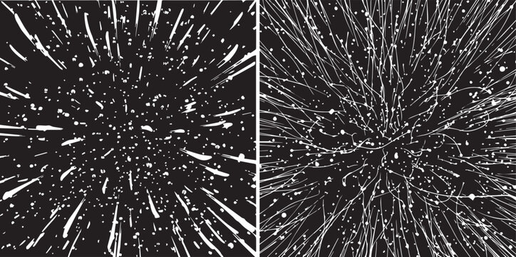 High-contrast vector textures featuring white particles and radiating speed lines on a black background. Perfect for creating hyper-speed space travel effects or abstract energy fields.