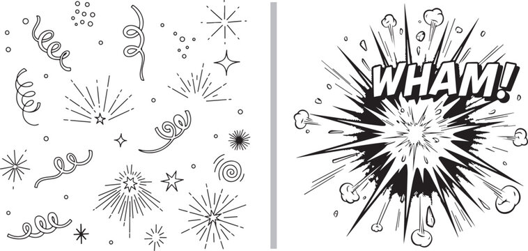 A black-and-white vector featuring a collection of festive streamers and starbursts next to a large, high-contrast comic-style explosion labeled with a bold "WHAM!" text element.