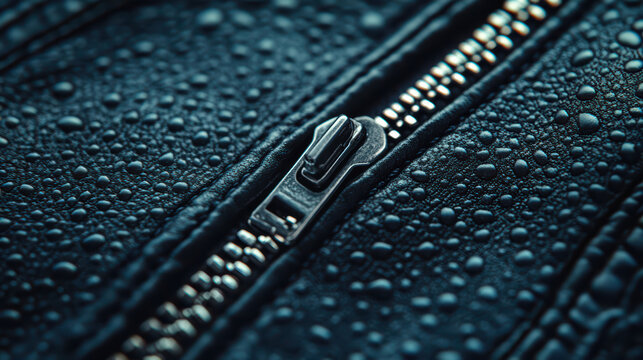 Close-Up of Wet Zipper on Black Leather Jacket