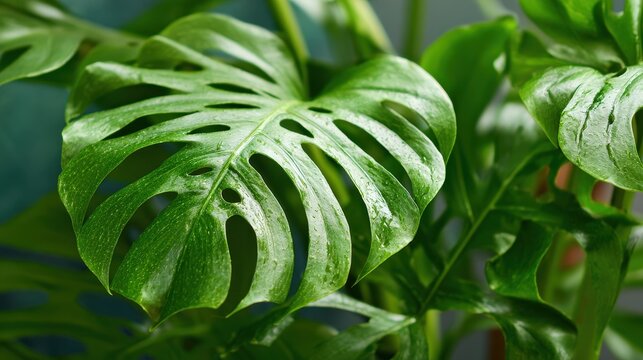 Close-up of vibrant green Monstera deliciosa leaves with fresh water droplets in a tropical indoor garden