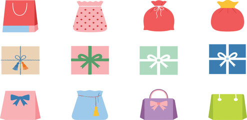 Gift Bag and Present Box Icon Set with Shopping Bags Wrapped Gifts and Decorative Packaging for Holiday Celebration Retail and E Commerce Vector Design