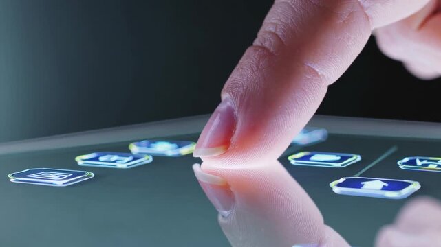 Close-up of a finger tapping on a touchscreen tablet displaying various application icons, reflecting light and creating a modern digital interaction scene