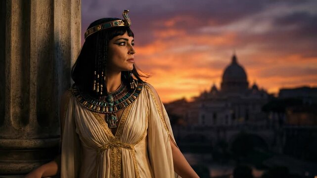 Sophisticated cinematic portrait of royal queen Cleopatra standing alone on a marble balcony at sunset wearing Roman silks and Egyptian jewelry observing a distant Rome silhouette under orange sky