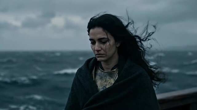 Powerful melancholic portrait of Cleopatra standing alone on her flagship deck at twilight wrapped in a dark heavy cloak looking at the turbulent sea with deep sorrowful despair