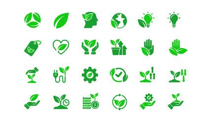 Nature and organic eco icon set in green flat design featuring leaves, recycling, eco homes, sustainable farming, water conservation, and environmental protection concepts.