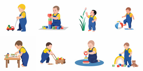 Fototapeta premium Babies and toddlers exploring and learning through playful activities with various colorful toys, illustrating early childhood development.