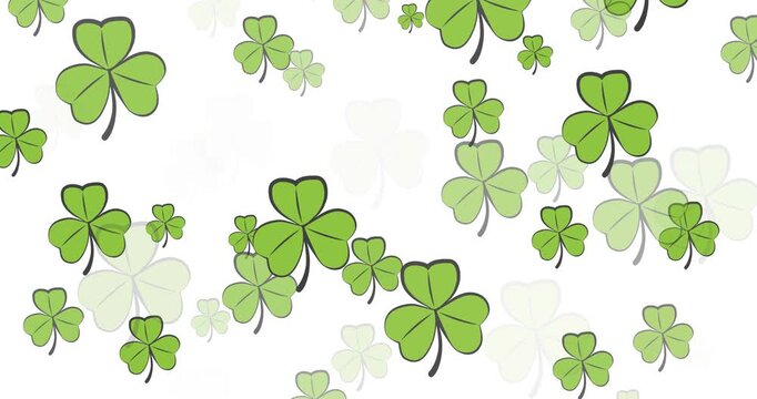 Digital animation of multiple clover leaves floating against white background