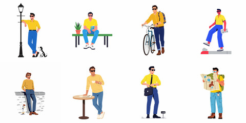 Fototapeta premium Collection of cartoon men illustrating everyday life: leisure, work, travel, and urban activities in a modern flat design.