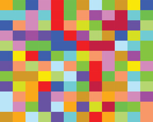 Vibrant multi-colored checkerboard pattern with rainbow pixel square tiles background