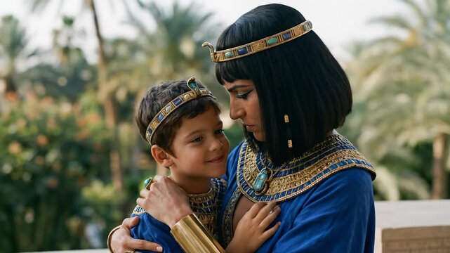 Tender protective portrait of royal mother Cleopatra holding her young son Caesarion on a palace balcony wearing matching blue and gold egyptian attire against blurred green palm trees