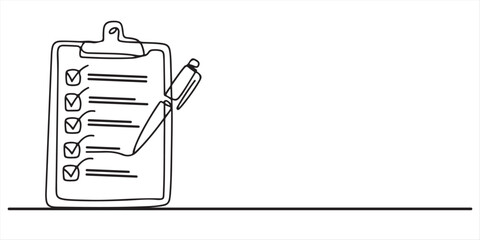 Continuous one line drawing of clipboard and pen design. clipboard with Good Marks with pass direction with tick mark. Single line drawing checklist clipboard and pen.  © Md